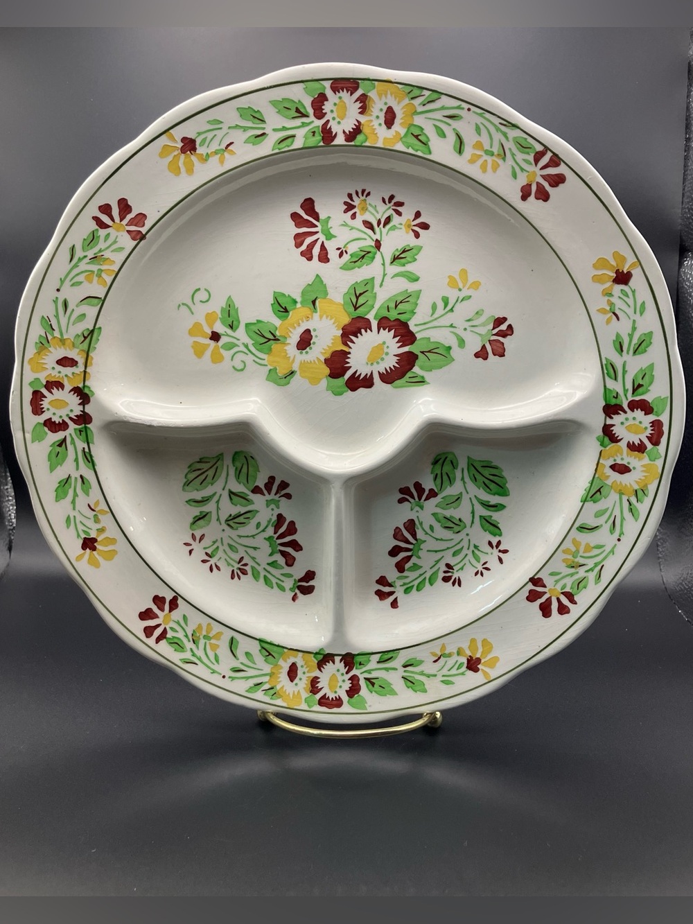 Vintage Polish Floral Sectioned Serving Plate - Cream with Red, Yellow & Green